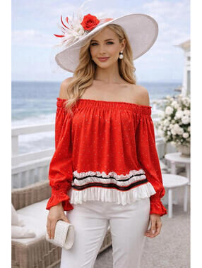 Julia Allert Red Polka Dot Off Shoulder Blouse Size S NWT Ruffle Trim Boho Peasa